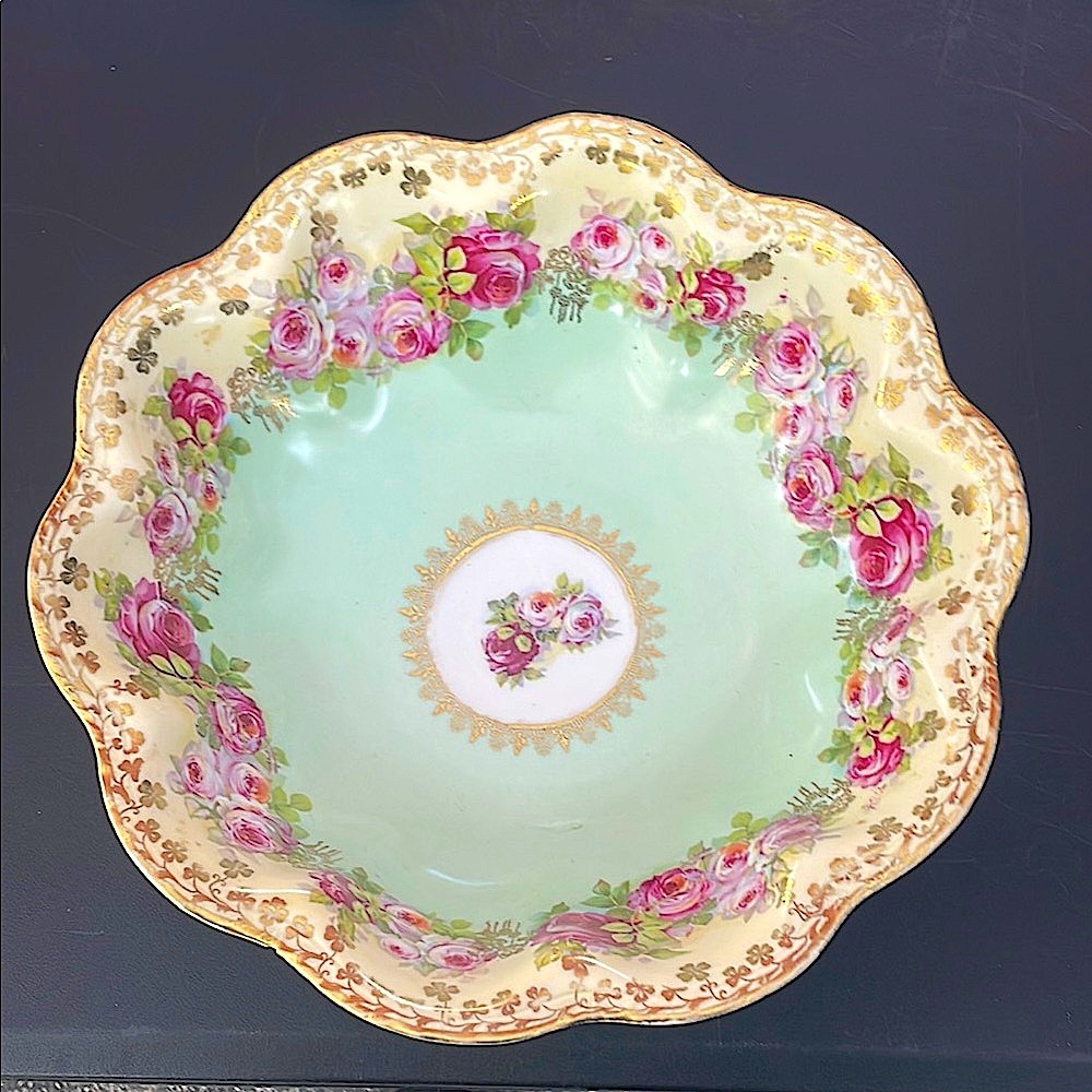 Green and Pink Floral Serveware with Scalloped Edges